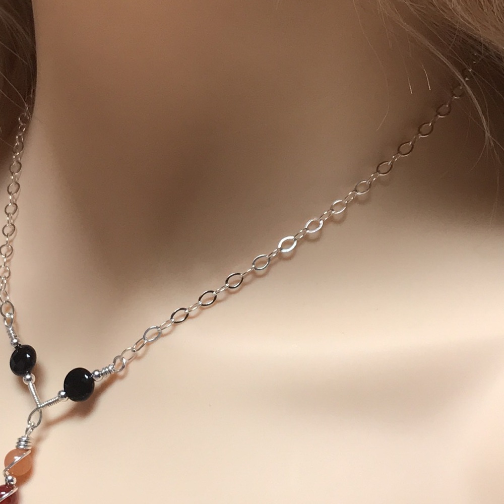 Solar Eclipse- Onyx, Red Agate,Orange Aventurine Sterling Silver Necklace - Picture 9 of 10